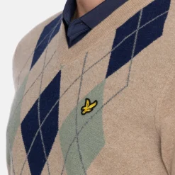 Lyle & Scott Lambswool Blend Argyle V-Neck Beige Grön Beige/Green (X933)