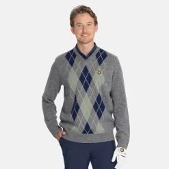 Lyle & Scott Lambswool Blend Argyle V-Neck Grå Blå Grey/Navy (X934) Online