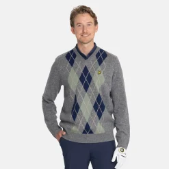 Lyle & Scott Lambswool Blend Argyle V-Neck Grå Blå Grey/Navy (X934) Online